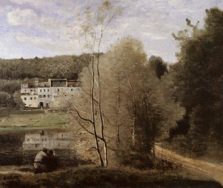 The Pond and the Cabassud Houses at Ville d'Avray by Camille Corot — hand-painted architectural oil painting reproduction on canvas