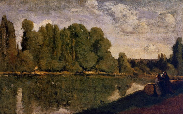 The Rhone Three Women on the Riverbank Seated on a Tree Trunk by Camille Corot — hand-painted botanical oil painting reproduction on canvas