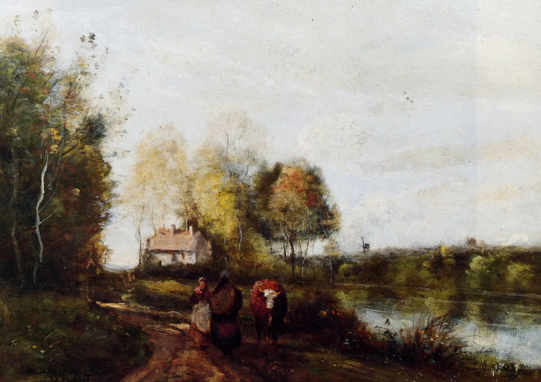 The Road at the River Bank by Camille Corot — hand-painted animal oil painting reproduction on canvas