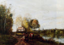 The Road at the River Bank by Camille Corot — hand-painted animal oil painting reproduction on canvas
