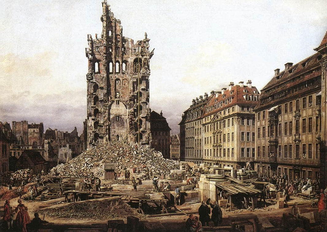 The Ruins of the old Kreuzkirche, Dresden by Bernardo Bellotto — hand-painted architectural oil painting reproduction on canvas