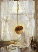 The Seamstress by Joseph DeCamp — female oil painting wall art, Impressionism