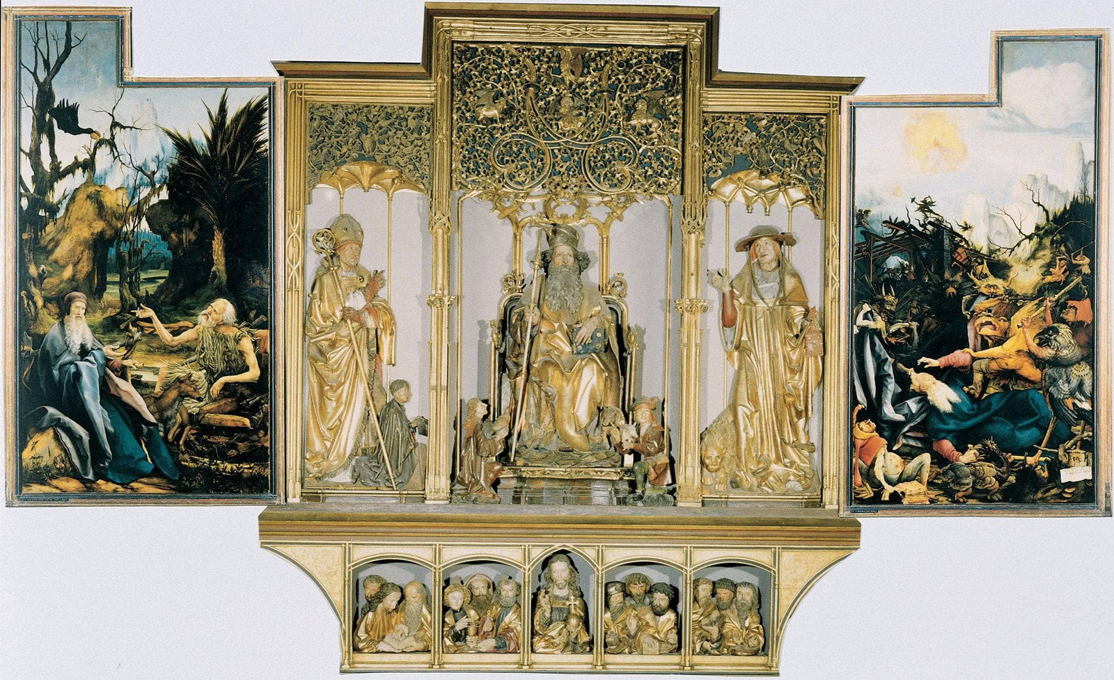 The second view of the altar. St Anthony Visiting St Paul the Hermit in the Desert (left), The Temptation of St. Anthony (right). Central part are carved figures of St. August, St. Anthony, St. Jerome; bottom part Jesus with 12 Apostles.