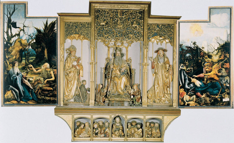 The second view of the altar. St Anthony Visiting St Paul the Hermit in the Desert (left), The Temptation of St. Anthony (right). Central part are carved figures of St. August, St. Anthony, St. Jerome; bottom part Jesus with 12 Apostles. - Matthias Grünewald