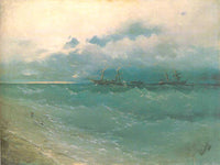 The ships on rough sea, sunrise by Ivan Aivazovsky — hand-painted landscape oil painting reproduction on canvas