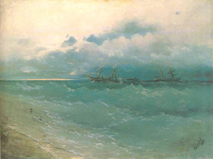 The ships on rough sea, sunrise by Ivan Aivazovsky — hand-painted landscape oil painting reproduction on canvas