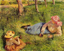 The Snack, Child and Young peasant at Rest by Camille Pissarro — vintage oil painting wall art, Impressionism