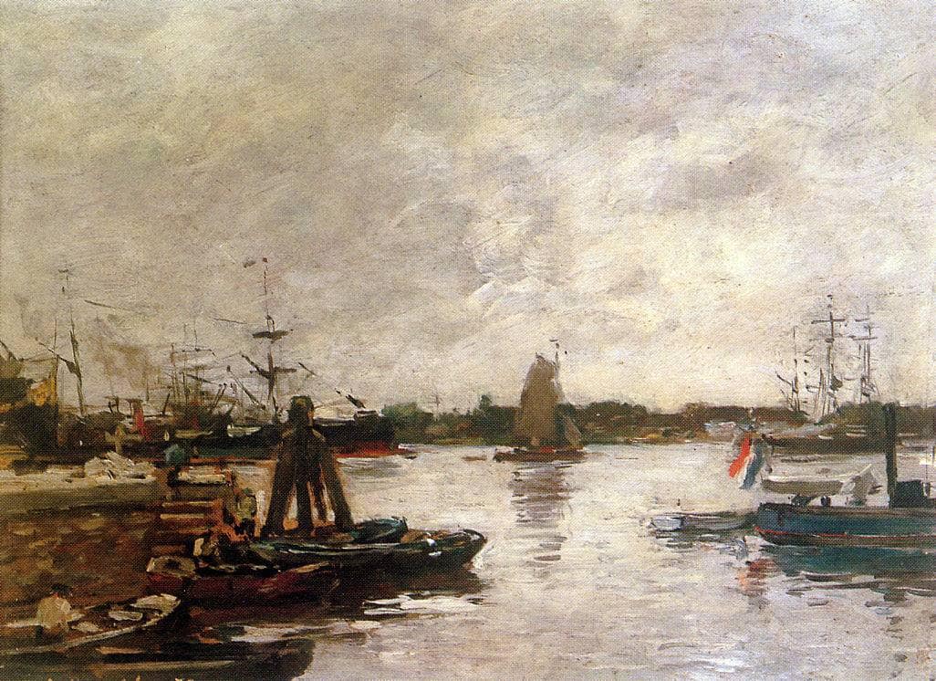 The Spanish quay in Rotterdam Sun by Eugene Boudin — hand-painted landscape oil painting reproduction on canvas