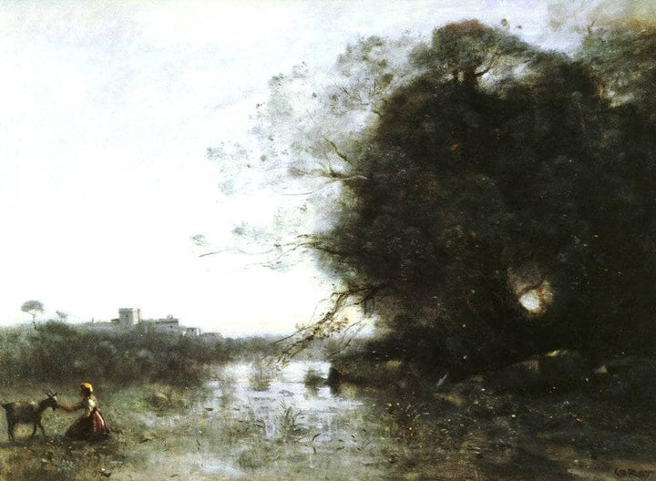 The Swamp near the Big Tree and a Shepherdess by Camille Corot — hand-painted animal oil painting reproduction on canvas