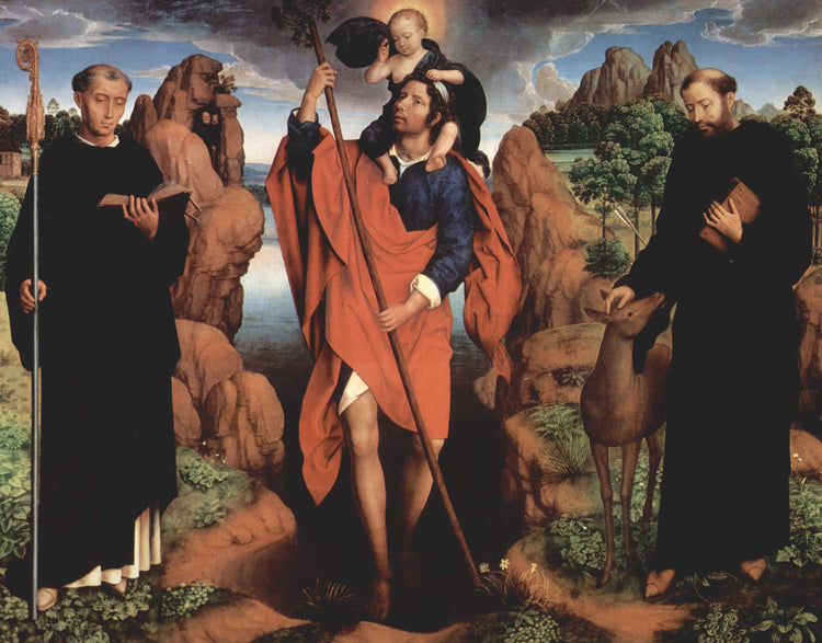 The triptych of Willem Moreel, middle panel Saint Christopher with Saint Maurus of Glanfeuil and Saint Giles - Hans Memling