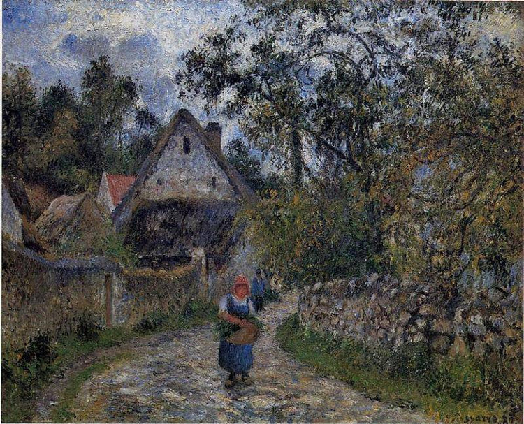 The village path - thatched cottages in Valhermeil - Camille Pissarro