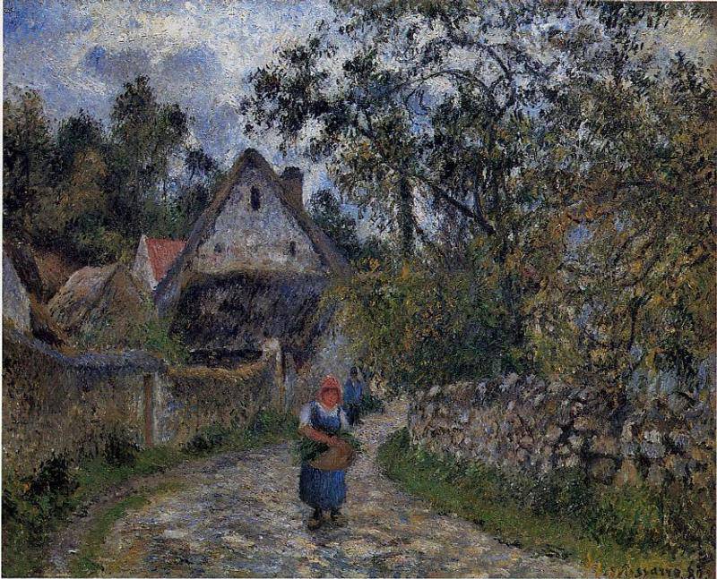 The village path - thatched cottages in Valhermeil - Camille Pissarro