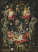The Virgin and Child appearing before a Saint, in a sculpted cartouche, surrounded by a garland of roses, tulips, narcissi, carnations, morning glory and other flowers, with butterflies and a bee, on a ledge by Daniel Seghers — hand-painted still oil painting reproduction on canvas