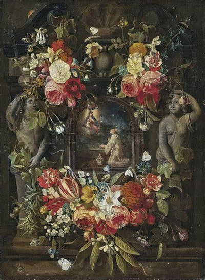 The Virgin and Child appearing before a Saint, in a sculpted cartouche, surrounded by a garland of roses, tulips, narcissi, carnations, morning glory and other flowers, with butterflies and a bee, on a ledge in hallway