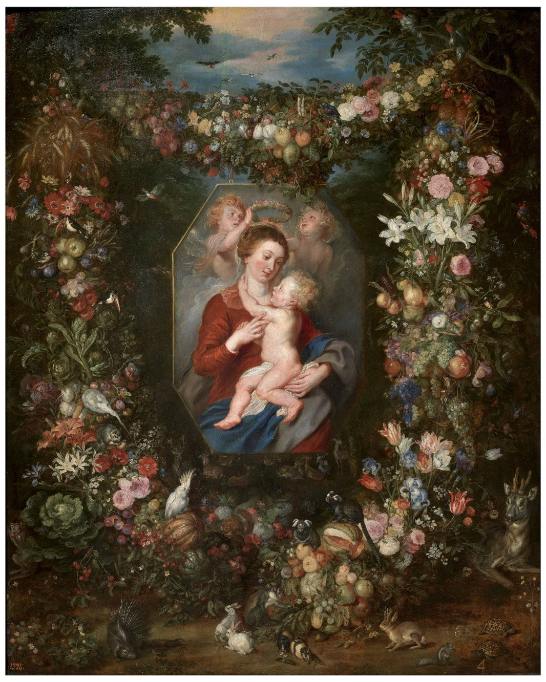 The Virgin and Child in a Painting surrounded by Fruit and Flowers by Peter Paul Rubens — hand-painted cultural oil painting reproduction on canvas
