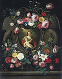 The Virgin and Child, in a Sculpted Cartouche, Surrounded by Garlands of Roses, Tulips, Carnations,Lillies and Other Flowers by Jan van Kessel the Elder — hand-painted still oil painting reproduction on canvas