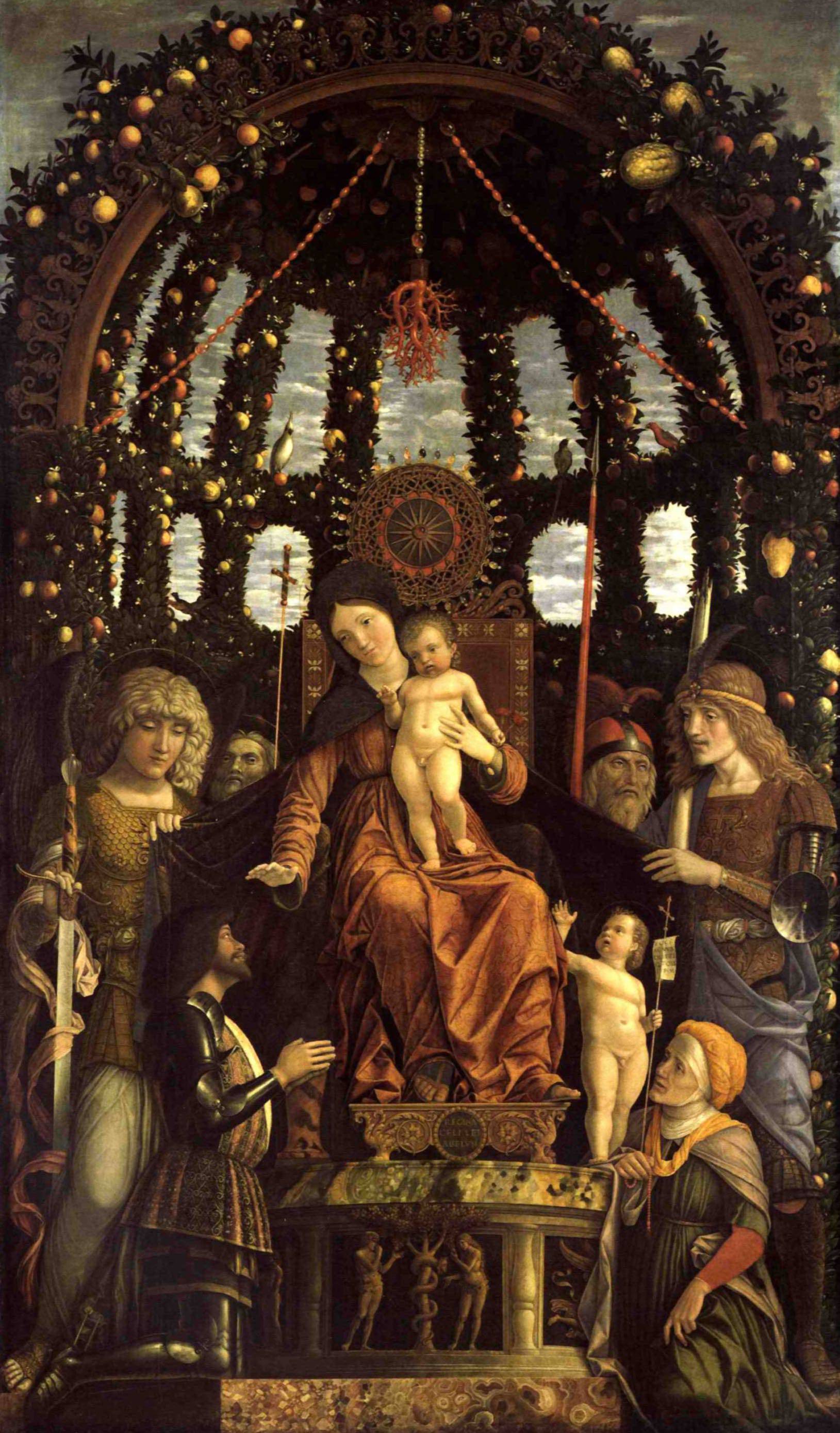 The Virgin of Victory (The Madonna and Child Enthroned with Six Saints and Adored by Gian Francesco II Gonzaga) - Andrea Mantegna