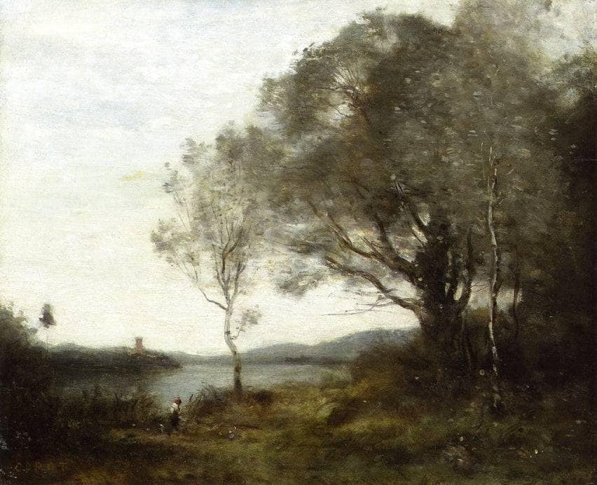 The Walk around the Pond by Camille Corot — hand-painted botanical oil painting reproduction on canvas
