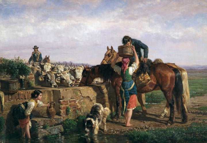 The watering trough by Filippo Palizzi — hand-painted landscape oil painting reproduction on canvas