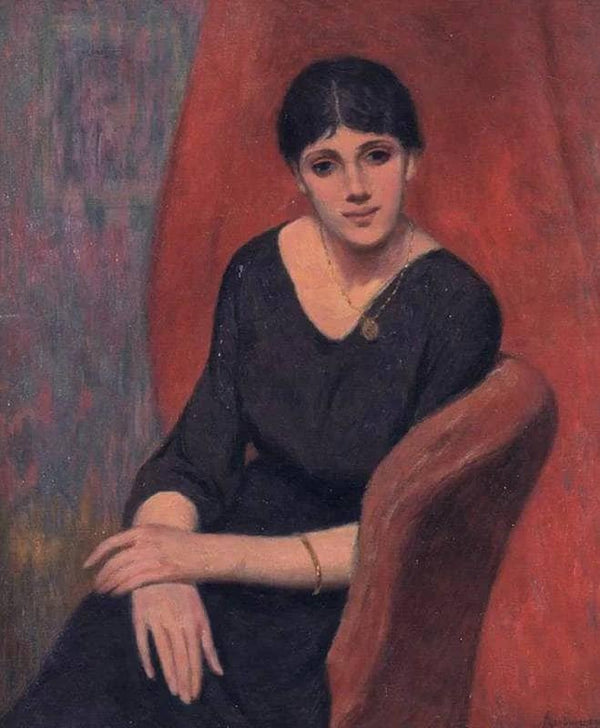The woman in black on a red background