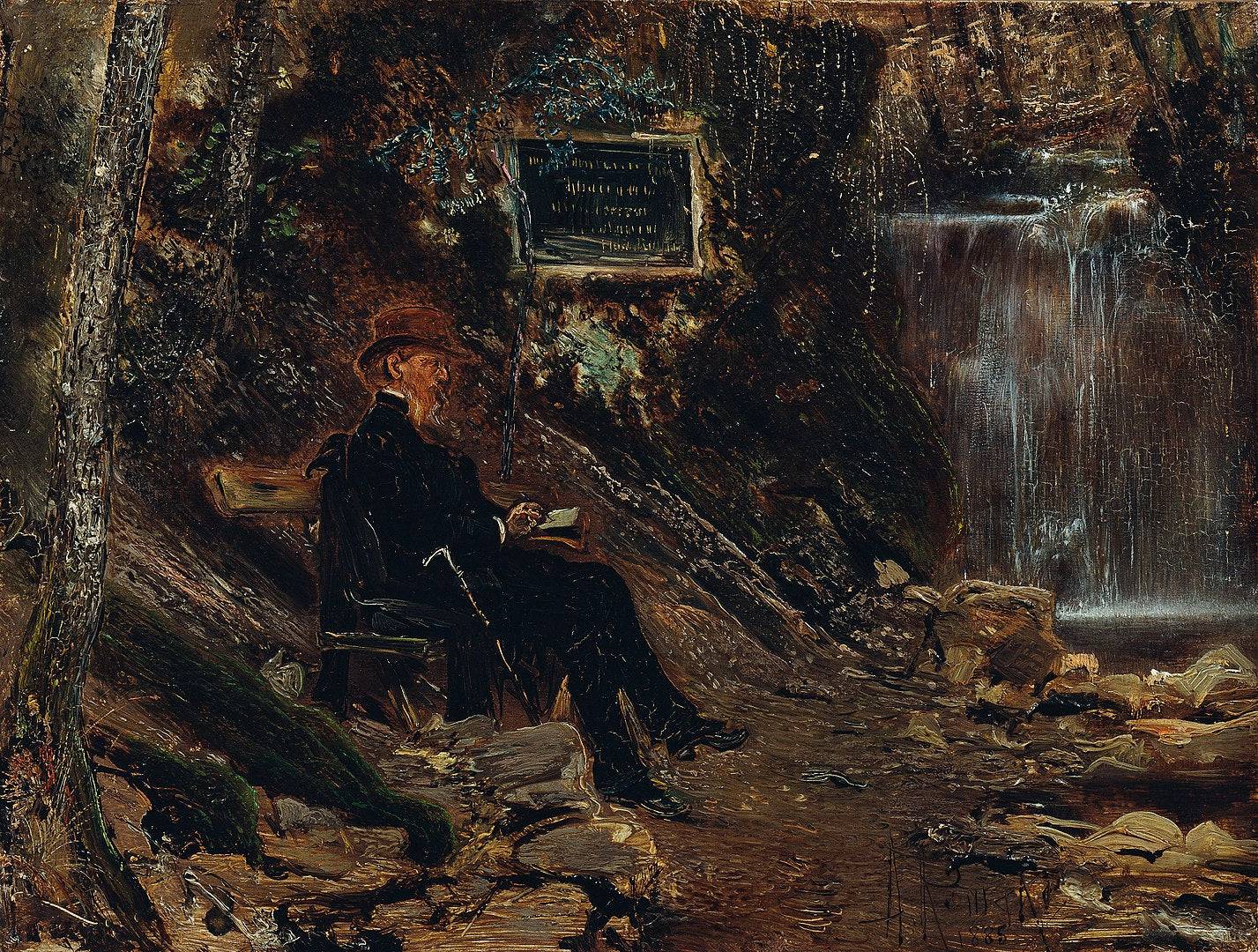 The writer Hermann Rollett at the waterfall - Anton Romako