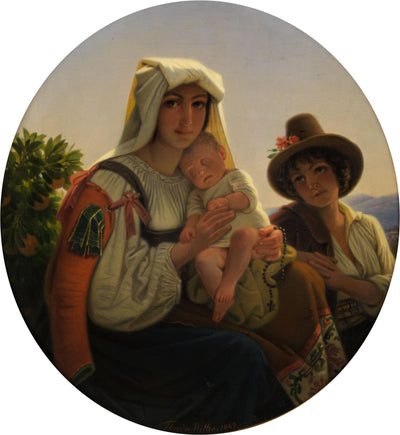 Italian mother with toddler and boy in a landscape by Theodor Leopold Weller — oil painting reproduction