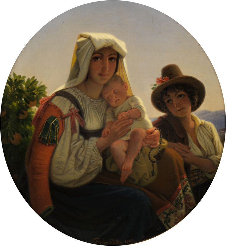 Italian mother with toddler and boy in a landscape - Theodor Leopold Weller