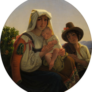 Italian mother with toddler and boy in a landscape