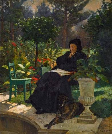 Thoughtful Lady with Dog in the Summer Garden - Charles Giron