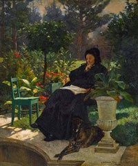 Thoughtful Lady with Dog in the Summer Garden