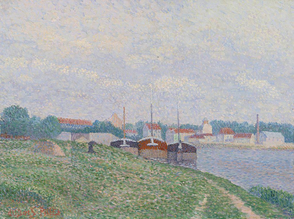 Three Barges Moored on the Outskirts of an Industrial Town - Albert Dubois-Pillet