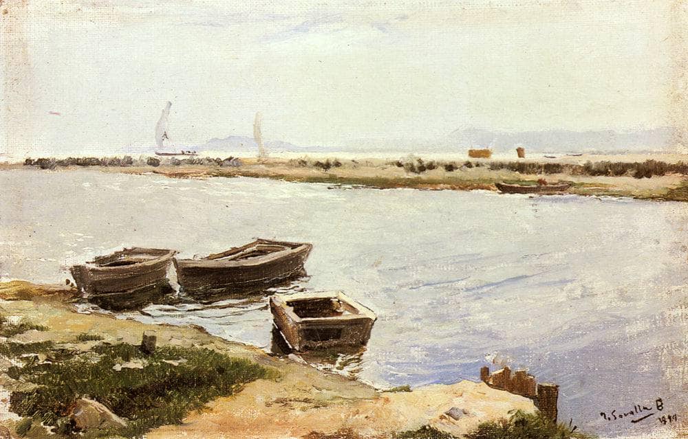 Three Boats By A Shore by Joaquín Sorolla — hand-painted landscape oil painting reproduction on canvas