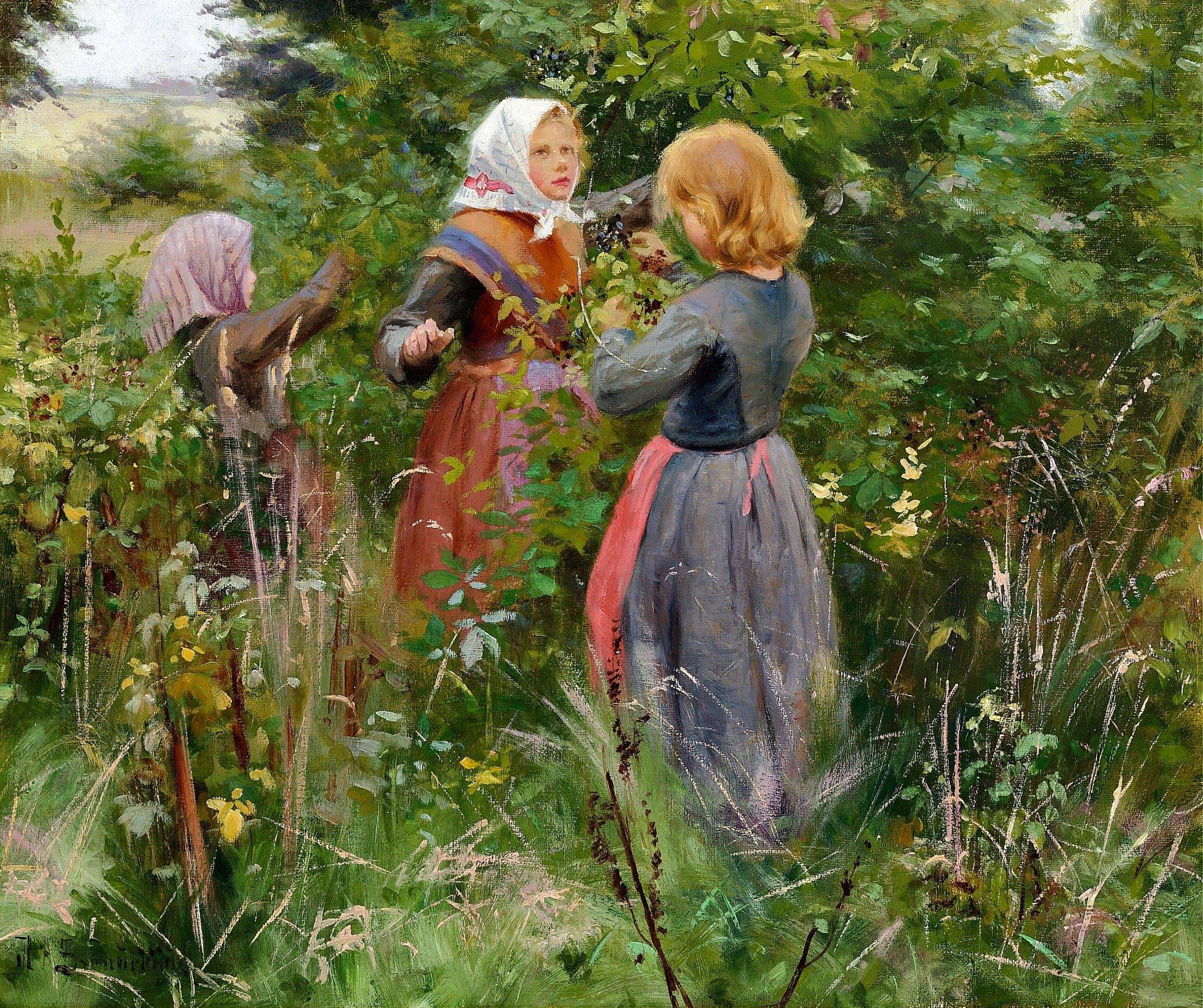 Three Little Girls Picking Blackberries - Hans Andersen Brendekilde