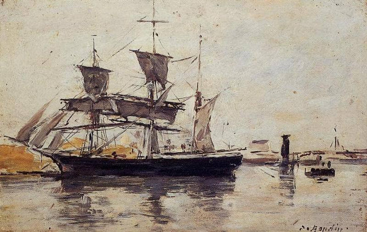 Three Masted Ship at Dock by Eugene Boudin — hand-painted nautical oil painting reproduction on canvas