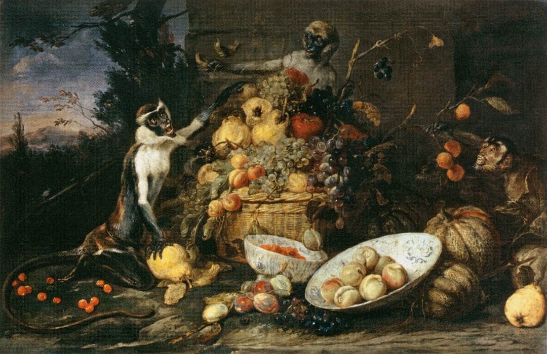 Three Monkeys Stealing Fruit - Frans Snyders