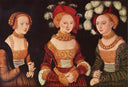 Three princesses of Saxony, Sibylla, Emilia and Sidonia, daughters of Duke Heinrich of Frommen by Lucas Cranach the Elder — male oil painting wall art, Northern Renaissance