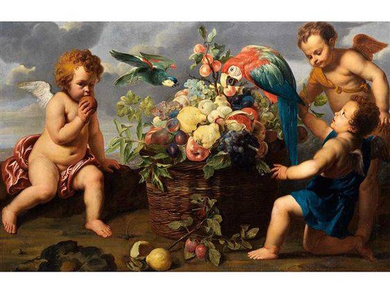 Three putti with fruit basket and parrots by Erasmus Quellinus the Younger, hand-painted cultural oil painting reproduction on canvas