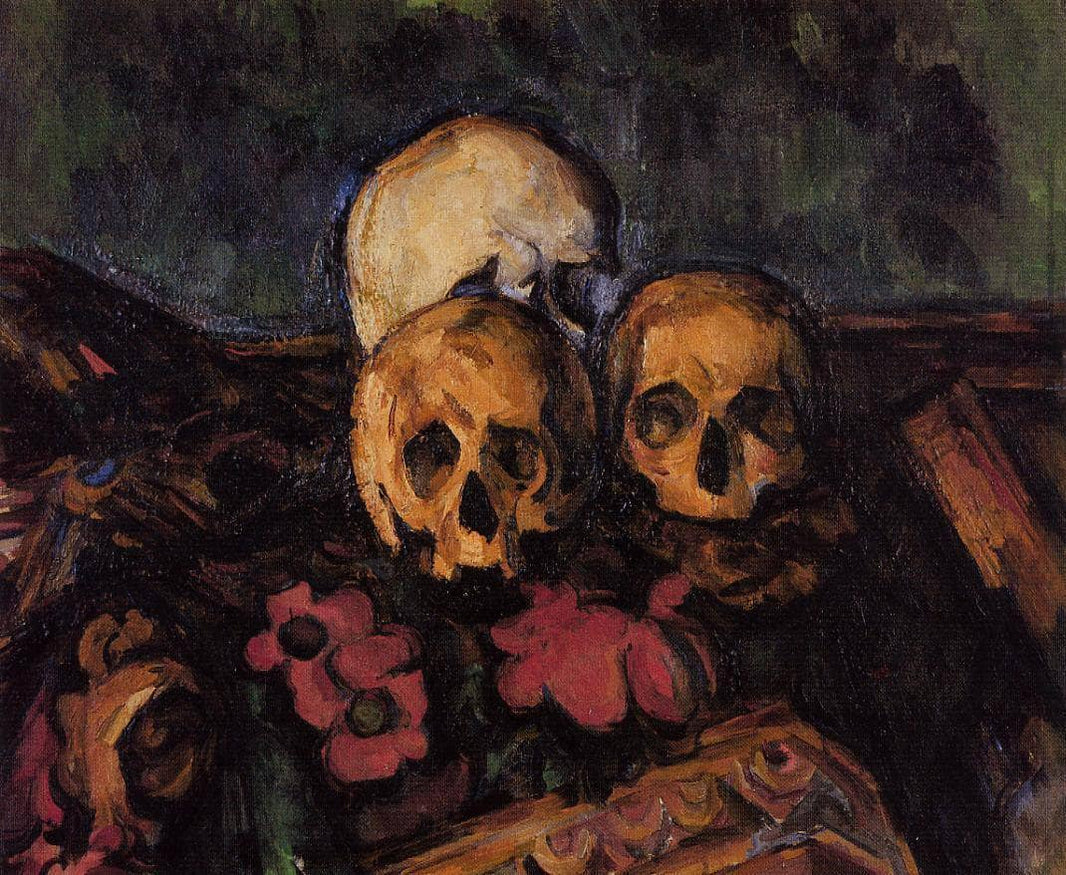 Three Skulls on a Patterned Carpet by Paul Cezanne — hand-painted abstract oil painting reproduction on canvas
