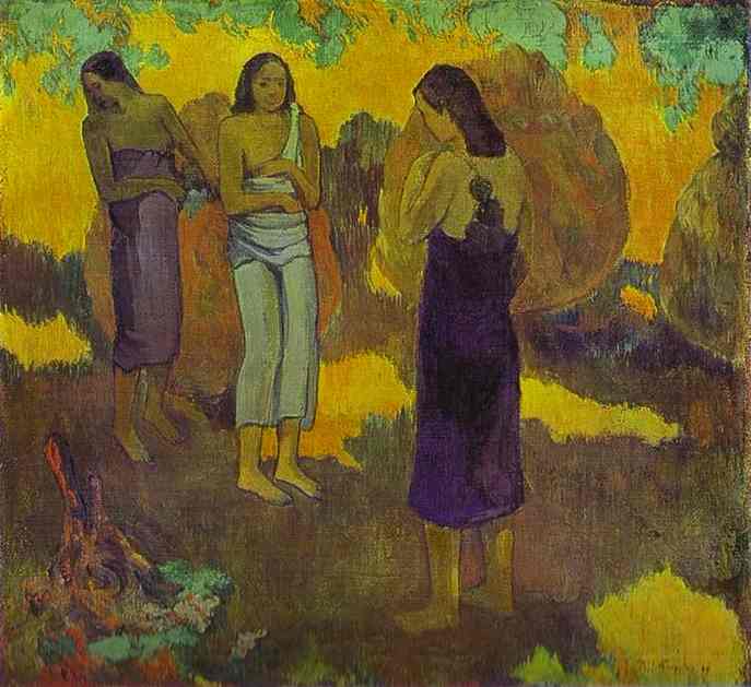 Three Tahitian Women against a Yellow Background, 1899 (oil on canvas) by Paul Gauguin — hand-painted portrait oil painting reproduction on canvas