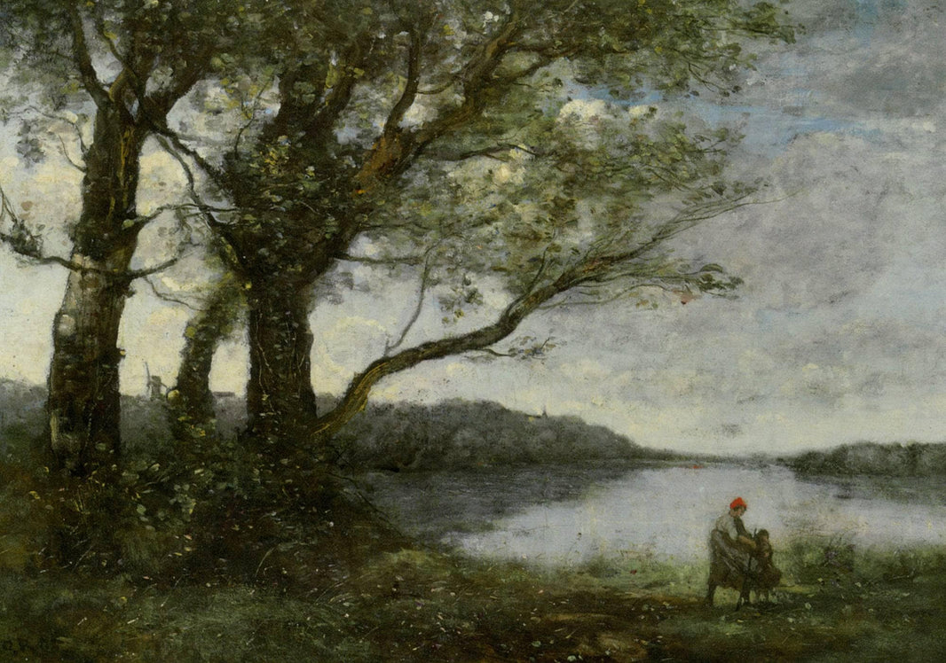Three Trees with a View of the Lake by Camille Corot — hand-painted botanical oil painting reproduction on canvas