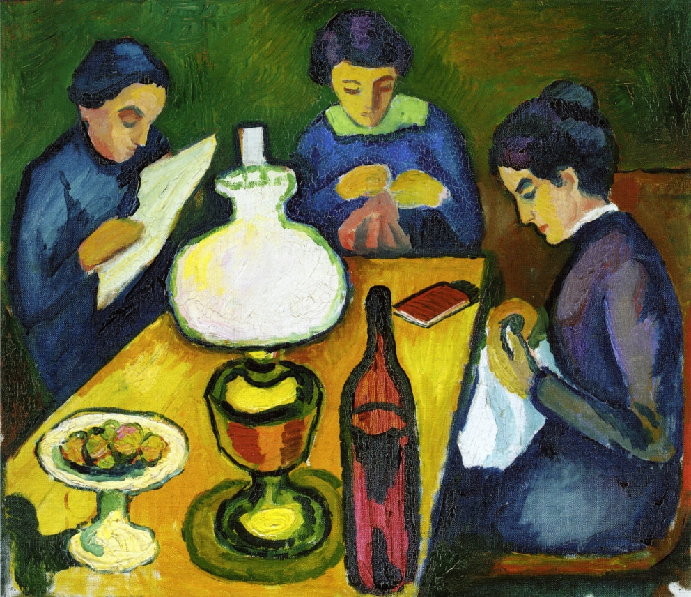 Three Women at the Table by the Lamp - August Macke