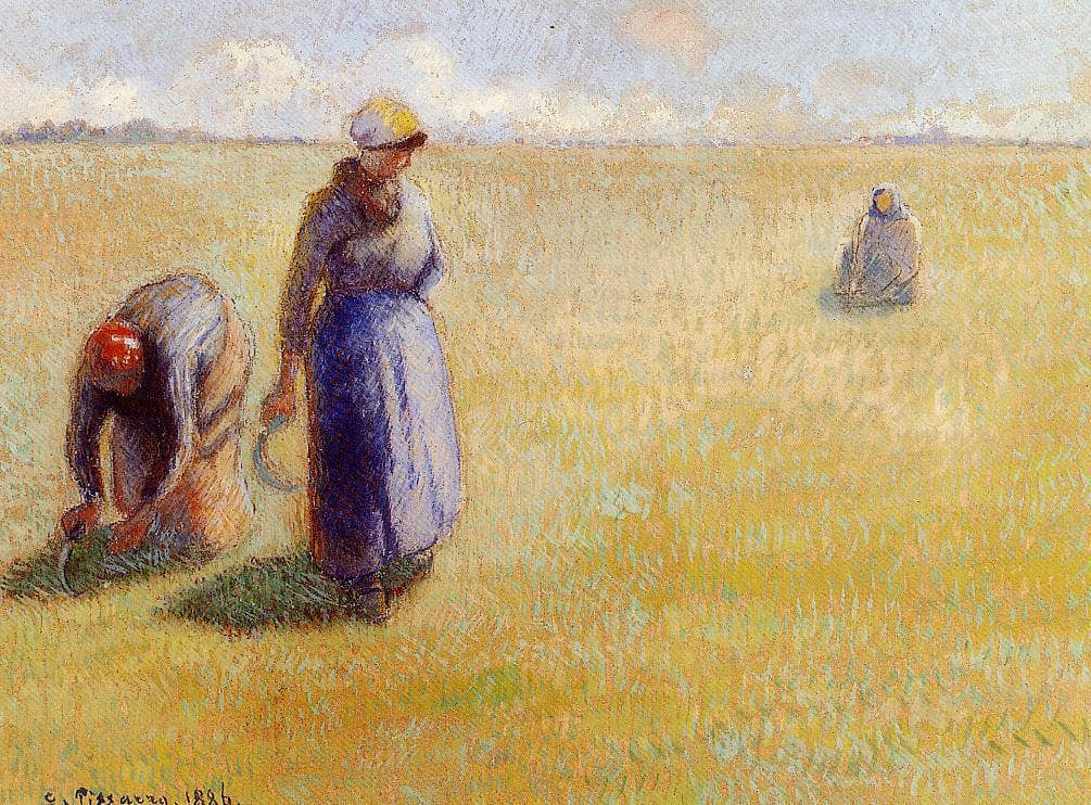 Three Women Cutting Grass by Camille Pissarro — hand-painted landscape oil painting reproduction on canvas