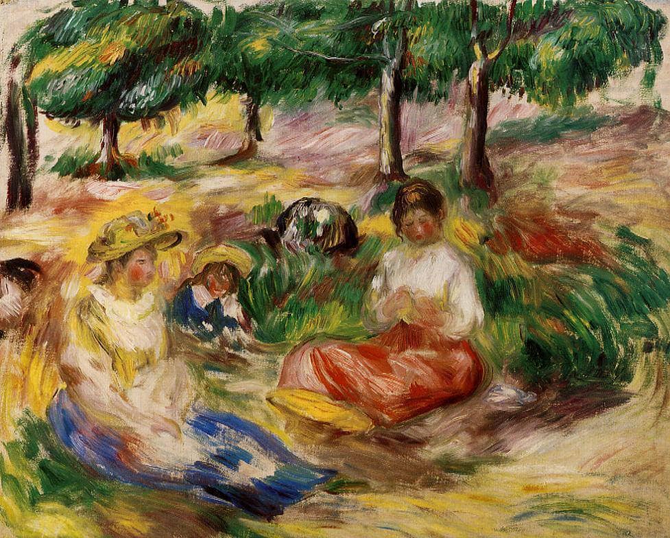 Three Young Girls Sitting in the Grass by Pierre-Auguste Renoir — hand-painted landscape oil painting reproduction on canvas