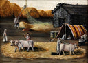 Threshing Yard by Niko Pirosmani — rural oil painting wall art, Naïve Art Primitivism