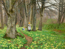 To Piger Plukker Blomster I Forårsskov. by Hans Andersen Brendekilde — forest oil painting wall art, Realism