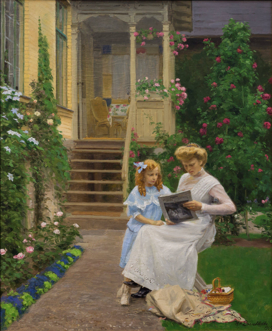 To Søstre I En Have by Hans Andersen Brendekilde, hand-painted botanical oil painting reproduction on canvas