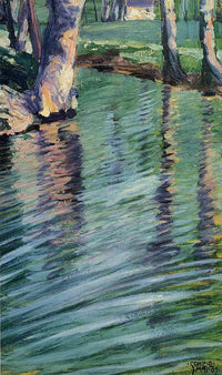 Trees Mirrored in a Pond by Egon Schiele — hand-painted botanical oil painting reproduction on canvas