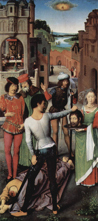Triptych of the Mystical Marriage of St. Catherine of Alexandria, left wing: The Beheading of John the Baptist in modern living room
