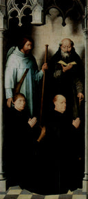 Triptych of the Mystical Marriage of St. Catherine of Alexandria: The Founder Jacob de Kueninc and Anthony Seghers by Hans Memling, religion oil painting wall art, Northern Renaissance