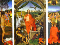Triptych of the Resurrection: The Resurrection (centre) The Martyrdom of St. Sebastian (left) and The Ascension (right) by Hans Memling — hand-painted cultural oil painting reproduction on canvas